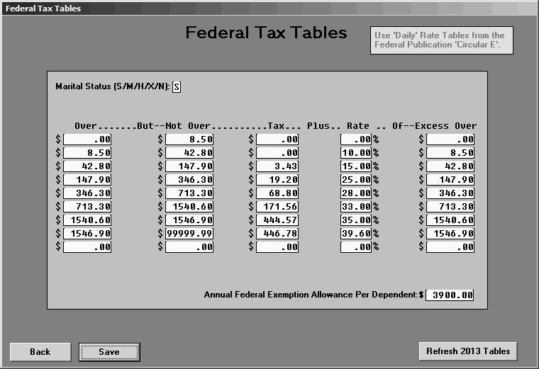 Verifying the 2013 Tax Information First, you need to verify the 2013 Federal Tax tables have been installed. 1. Click Setup on the Dealership Payroll menu. 2. Click Tax Tables, and click Federal Tables.