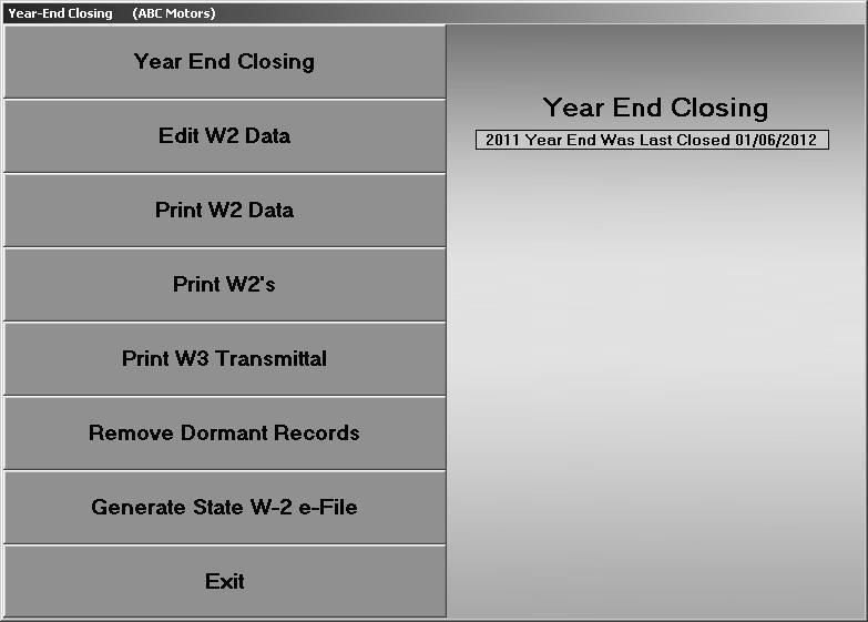 4. Click Year-End Closing & W2 s on the Maintenance menu.