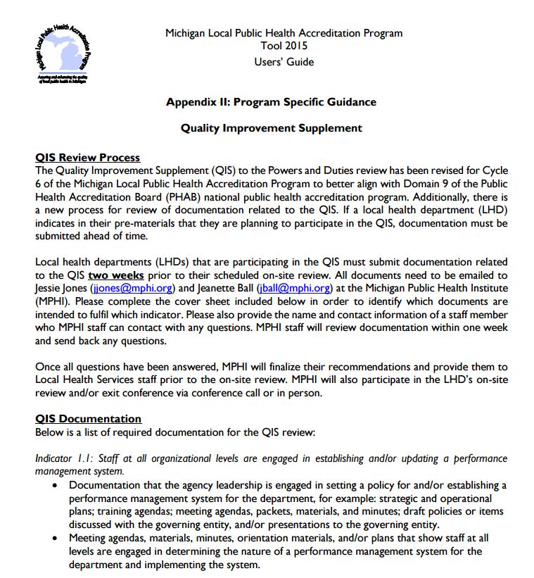 MI STATE ACCREDITATION MLPHAP Cycle 6: Revisions to QI Supplement include indicators pertaining