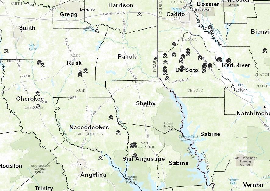 Current Drilling Figure shows a map of all the active drilling rigs currently in East Texas and North Louisiana.