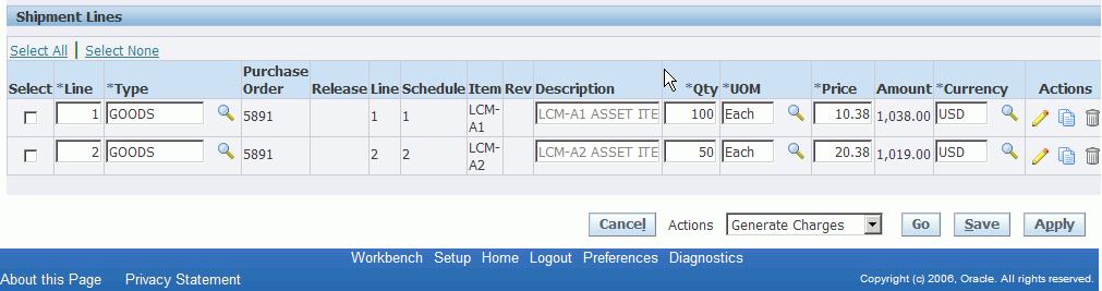 Create Shipment page - Lines tab (2 of 2) All of the purchase order lines that match the search criteria appear in the Shipment Lines section in a table format.