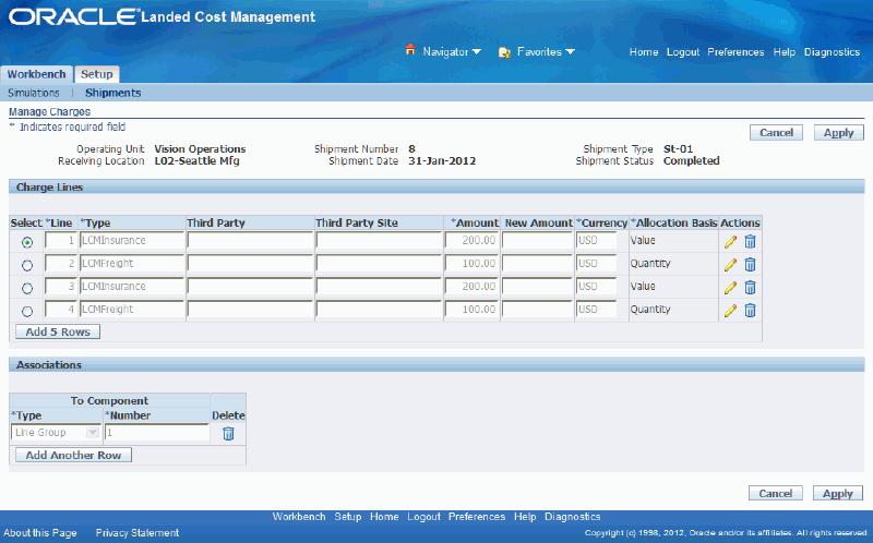 Manage Charges page The Manage Charges page appears displaying all of the current charge information for the shipment line.