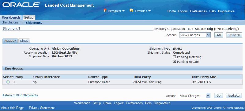 View Shipment page (Header tab) - Completed Shipment Status View Shipment page (Lines tab) - Incomplete Shipment Status Using the Lines tab you can view the shipment lines for the shipment.