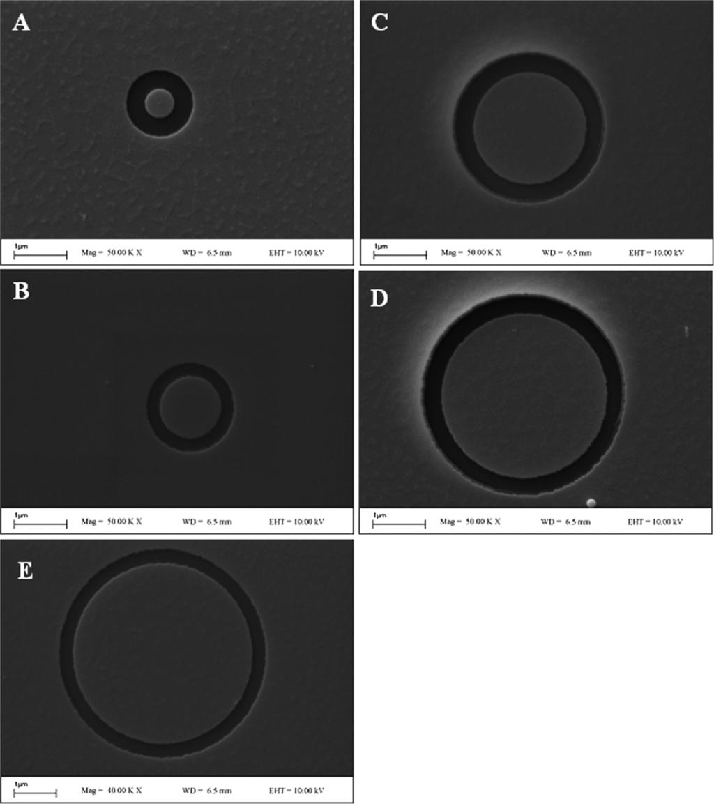 Ann. Phys. (Berlin) 524, No. 11 (2012) Figure 2 SEM images of plasmonic lens of same slit width with different ring sizes (0.5 (A), 1.0 (B), 2.0 (C), 3.0 (D) and 4.0 μm (E).