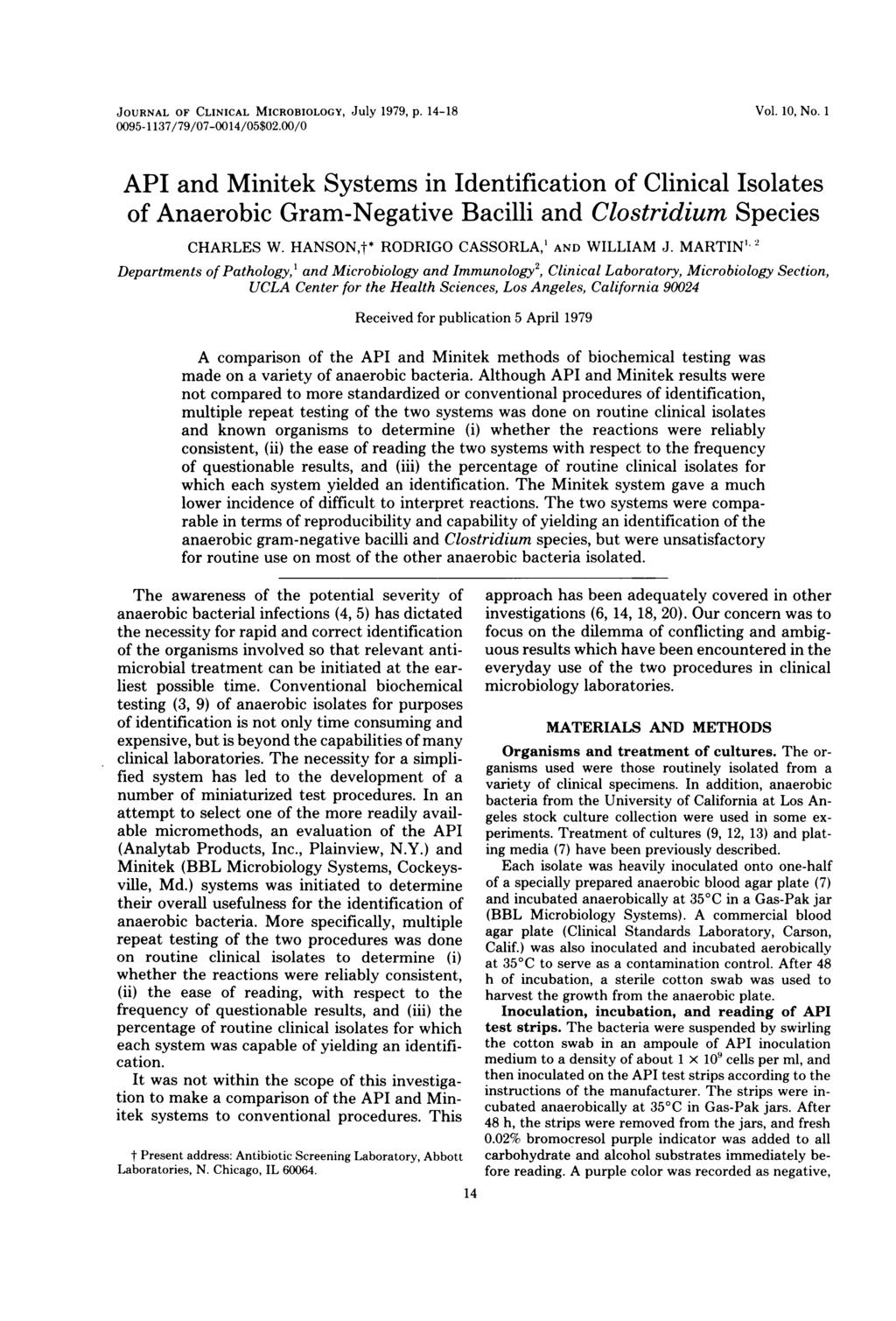 JOURNAL OF CLINICAL MICROBIOLOGY, July 1979, p. 14-18 0095-1 137/79/07-0014/05$02.00/0 Vol. 10, No.
