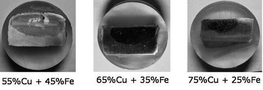 Figure 7: Photograph of the two metallic alloys with different iron-copper proportions The best phase separation is obtained when copper content is higher than 65%, and the separation results better