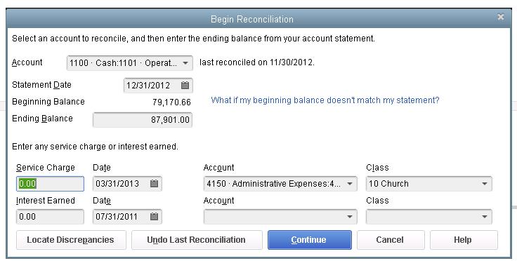 To reconcile your account: 1.) From the Banking menu or Home Page, select Reconcile. QuickBooks displays the Begin Reconciliation screen. 2.