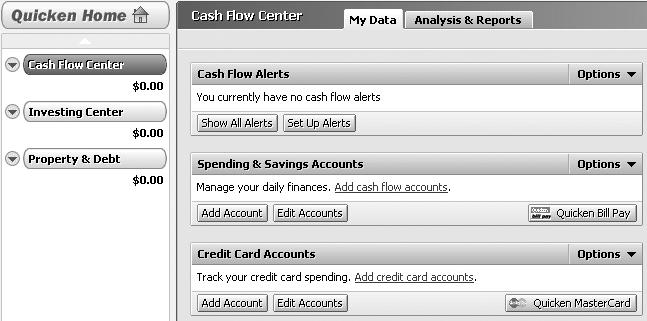 Add cash flow accounts online 1 Choose Cash Flow menu > Go to Cash Flow Center. 2 On the My Data tab, in the Spending & Savings Accounts snapshot, click Add Account.