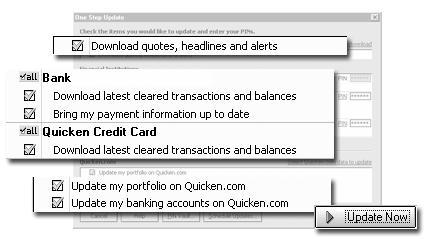 Download with a direct connection 1 Choose Online menu > One Step Update. Quicken displays the One Step Update dialog.