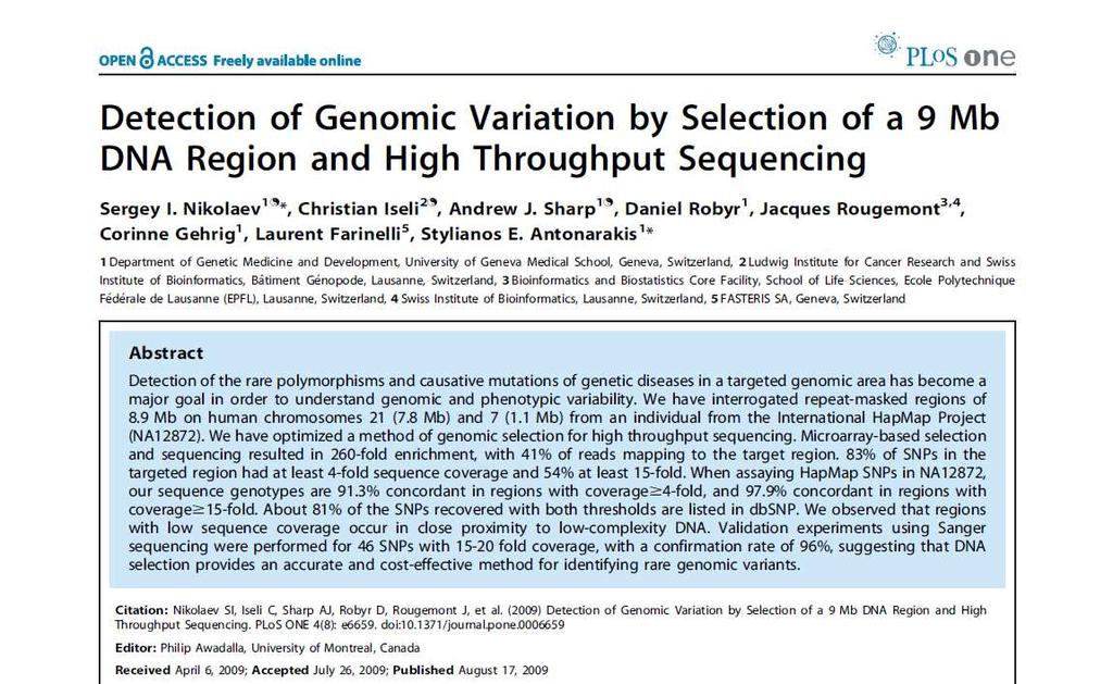 Applications performed at Fasteris Targeted re-sequencing (2008) Medical Genetics, University
