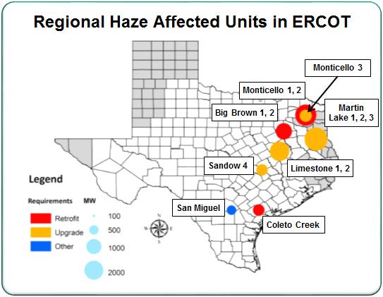 Grid Simulation Results ERCOT study results with Regional Haze Implementation 3,000 to 8,500 MW of coal unit retirements over next 5 to 7 years ERCOT study results with Clean Power Plan