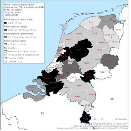 Heat synergies map in PETA4 example: Netherlands Heat demands: 296 PJ/y Excess heat: 560 PJ/y District