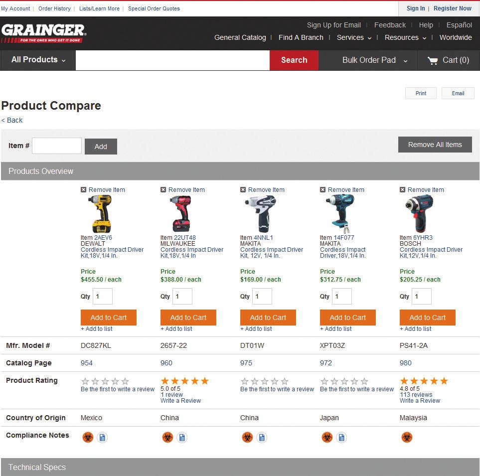 Compare Products Overview Need help choosing just the right product? Compare functionality on Grainger.com allows you to view up to five products, and their specifications, side-by-side!