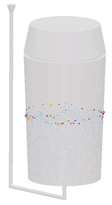 reoxidation particles during teeming. The inclusions of various diameters are visualized. The particles are transported with the flow of the bulk liquid.