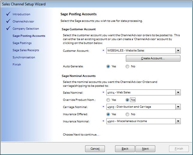 The fourth screen in the wizard is entitled Sage Posting Accounts and enables the user to decide how to manage Customer Accounts in Sage and also to establish global nominal settings to report sales
