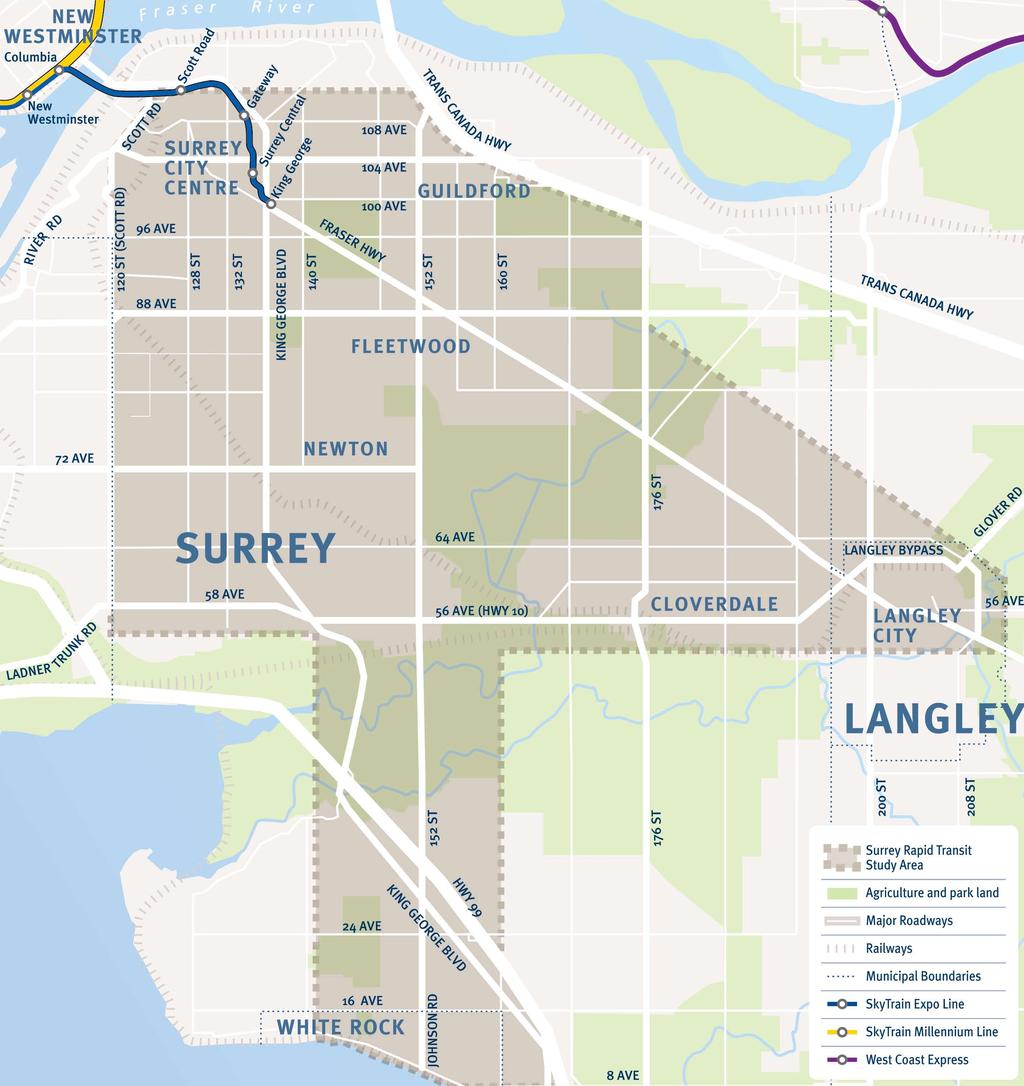 Key facts about the study area Encompasses previously identified corridors - 104 Ave, King George Boulevard and Fraser Highway - as well as a broader area to ensure a range of reasonable alternative