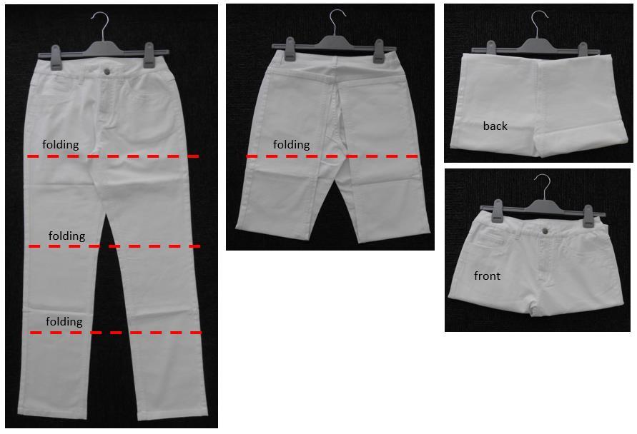 Ladies pants with hanger, no fitting flasher Note that clothespins should