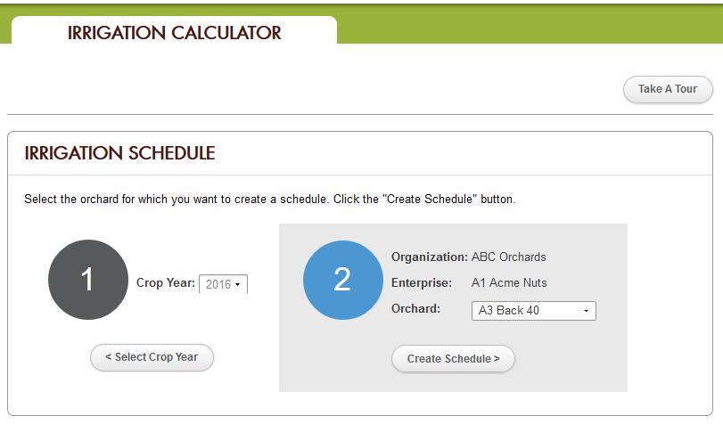 Schedule an orchard by clicking Add Irrigation Schedule. Click Filter your List to manage the list of saved schedules by Year, Organization, Enterprise and Orchard.