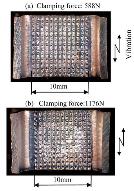 25 2007 2 241 Fig. 5 Temperatures of a specimen welded at various clamping force. Fig. 4 The appearances of scratches on A5052 surface formed by a welding tip with pyramidal projections.
