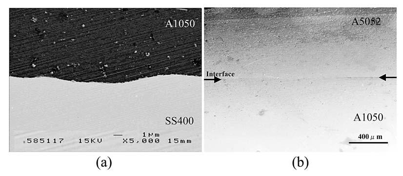 244 Al-Mg Fig. 16 SEM micrographs of the joint interface welded using an insert metal at the welding time of 3s. (a): Interface of SS400/A1050, (b): Interface of A1050/A5052 Fe 2 Al 5 Fig.