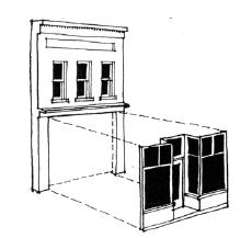 Storefronts are typically slightly recessed behind the enframing storefront cornice and piers. Storefronts are typically divided into bays and have recessed entrances.