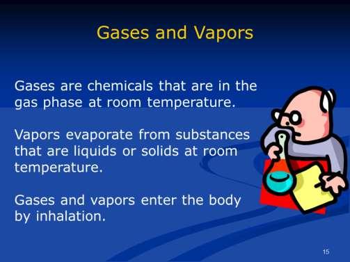 Chlorine and methane are examples of gases. Most liquid solvents release vapors.