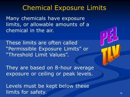 Permissible exposure limits are also called PELs and threshold limit values are called TLVs. DOSH regulations have PELs for about 600 chemicals.