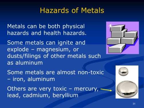 Metals can present different hazards from poisoning to explosions and fire. Metals can cause health effects such as elevated blood pressure, brain damage, kidney failure and death.