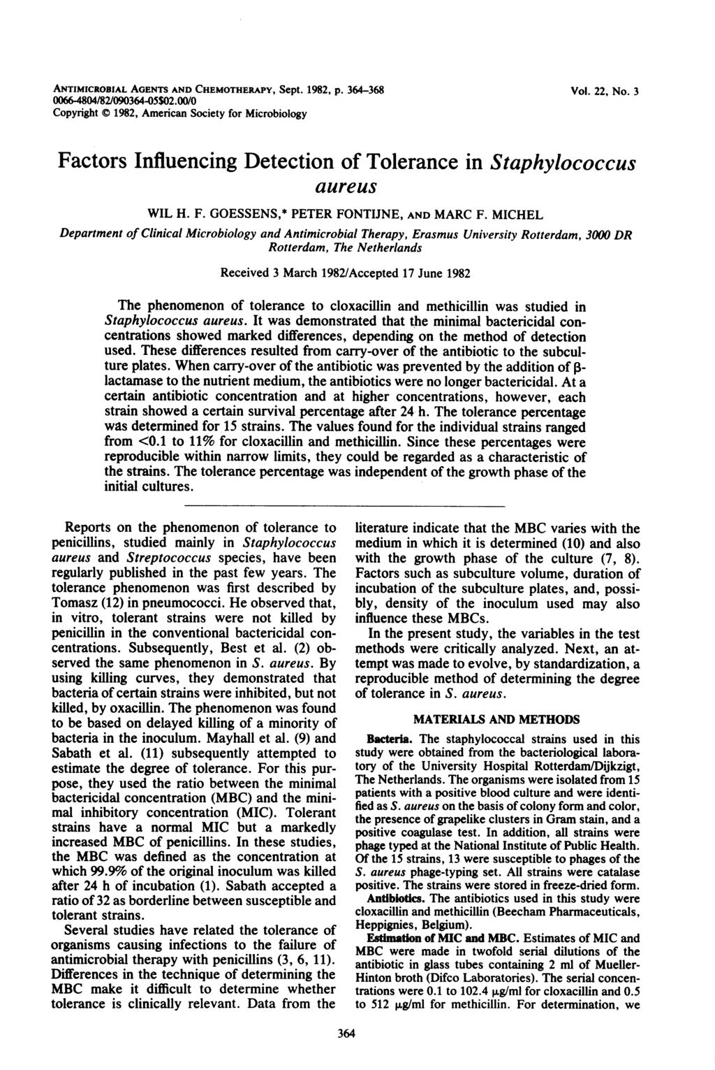 ANTIMICROBIAL AGENTS AND CHEMOTHERAPY, Sept. 1982, p. 364-368 Vol. 22, No. 3 0066-4804/82/090364-0$02.