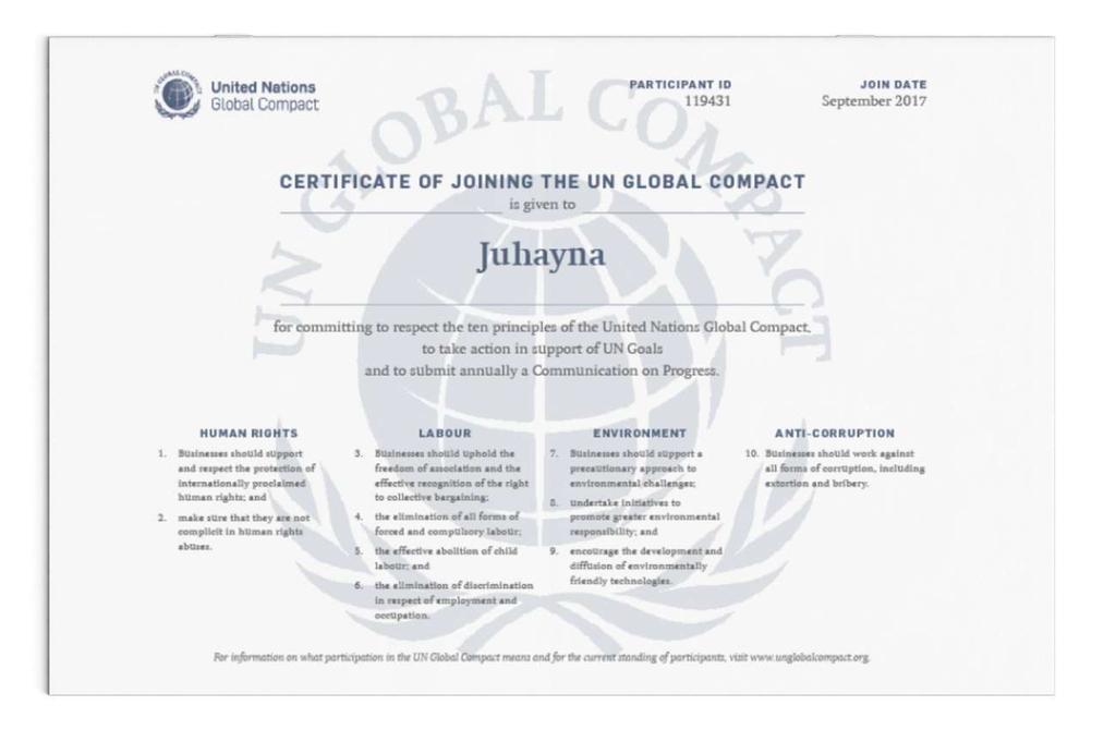 JUHAYNA s CERTIFICATION Juhayna recently joined the United Nations Global Compact.