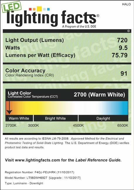 LT560 Product Specifications Photometric Data LT560WH6927-90 CRI LT560WH6930-90 CRI LT56 Photometric* LT560WH6930 Luminaire lumens 783.9 Input watts 9.5 LER (LPW) 82.11 Spacing Criteria 0-180 1.
