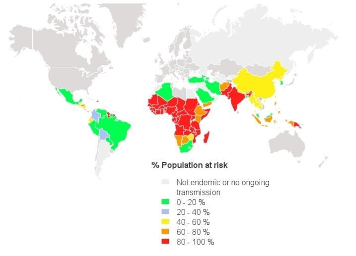 % Population at risk of malaria, 2013 3.