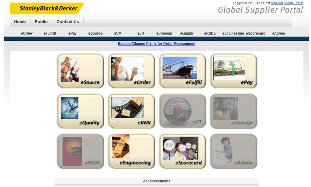 To access Global Supplier Portal functions use buttons in the center of the page (A).