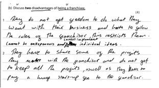 In part 2 b this part of the question asked candidates to give disadvantages of being a franchisee. This part was answered slightly better than part a, but again candidates had confused the two terms.