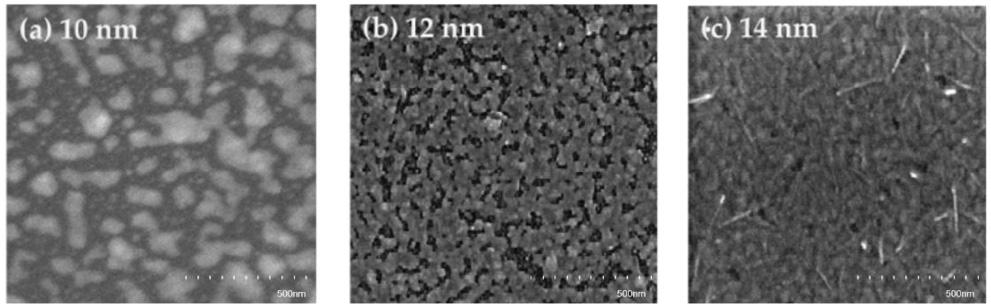 Sung Han Kim, Seo Han Kim, and Pung Keun Song 583 Fig. 4. SEM images of the Ag films with various Ag layer thicknesses (a) 10 nm, (b) 12 nm, and (c) 14 nm deposited on the TiO 2 bottom layer.