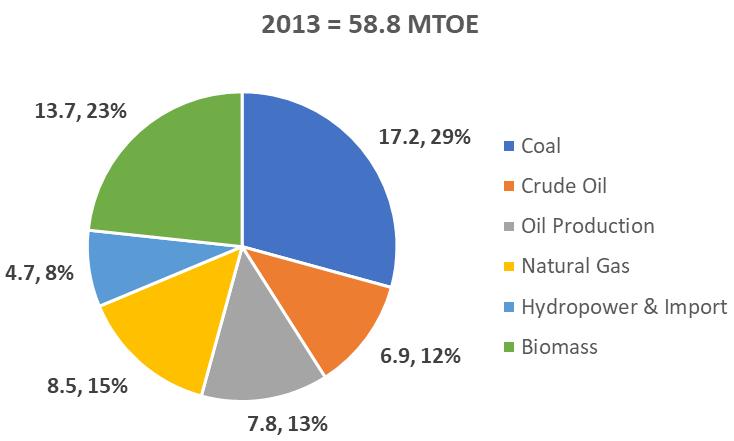 Energy sources in 2013 were diversified: 29% of the supply came from coal, 25% from oil, 15% from natural gas, 8% from hydropower and electricity import, and 23% from biomass (Figure 2.1.4-2).