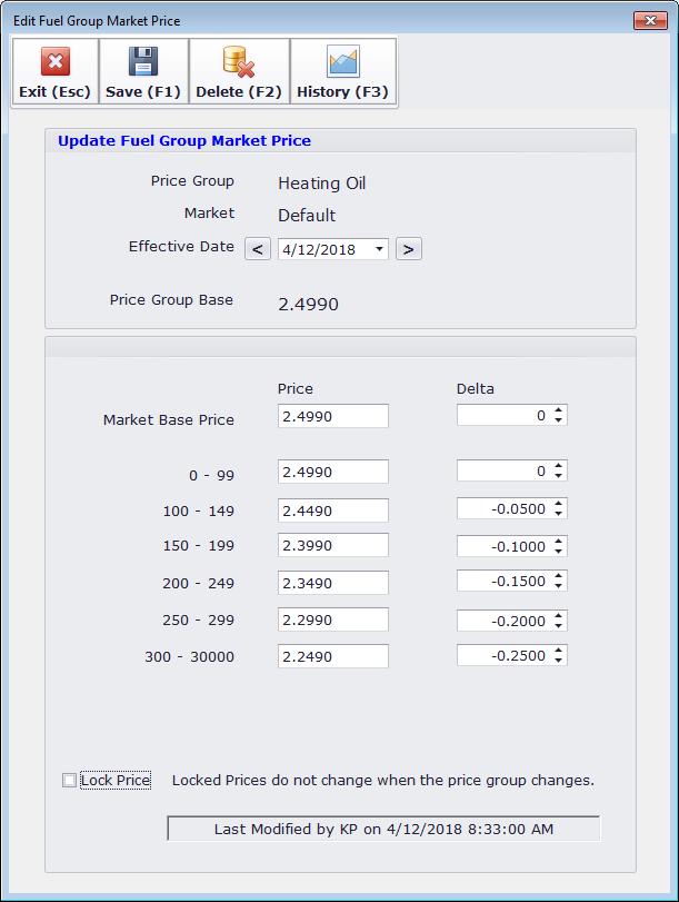 Editing a Market Specific Fuel Price When you save a new price for a Fuel Group, a Market Price record is created for each of its associated markets.