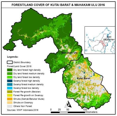 Figure A9.1. /Land Cover Kutai Barat & Mahakam Ulu 2016 At present WWF have the 32 /Land Cover classes data at two district Kutai Barat & Mahakam Ulu for 2009, 2013, 2014, 2015, 2016 and 2017.