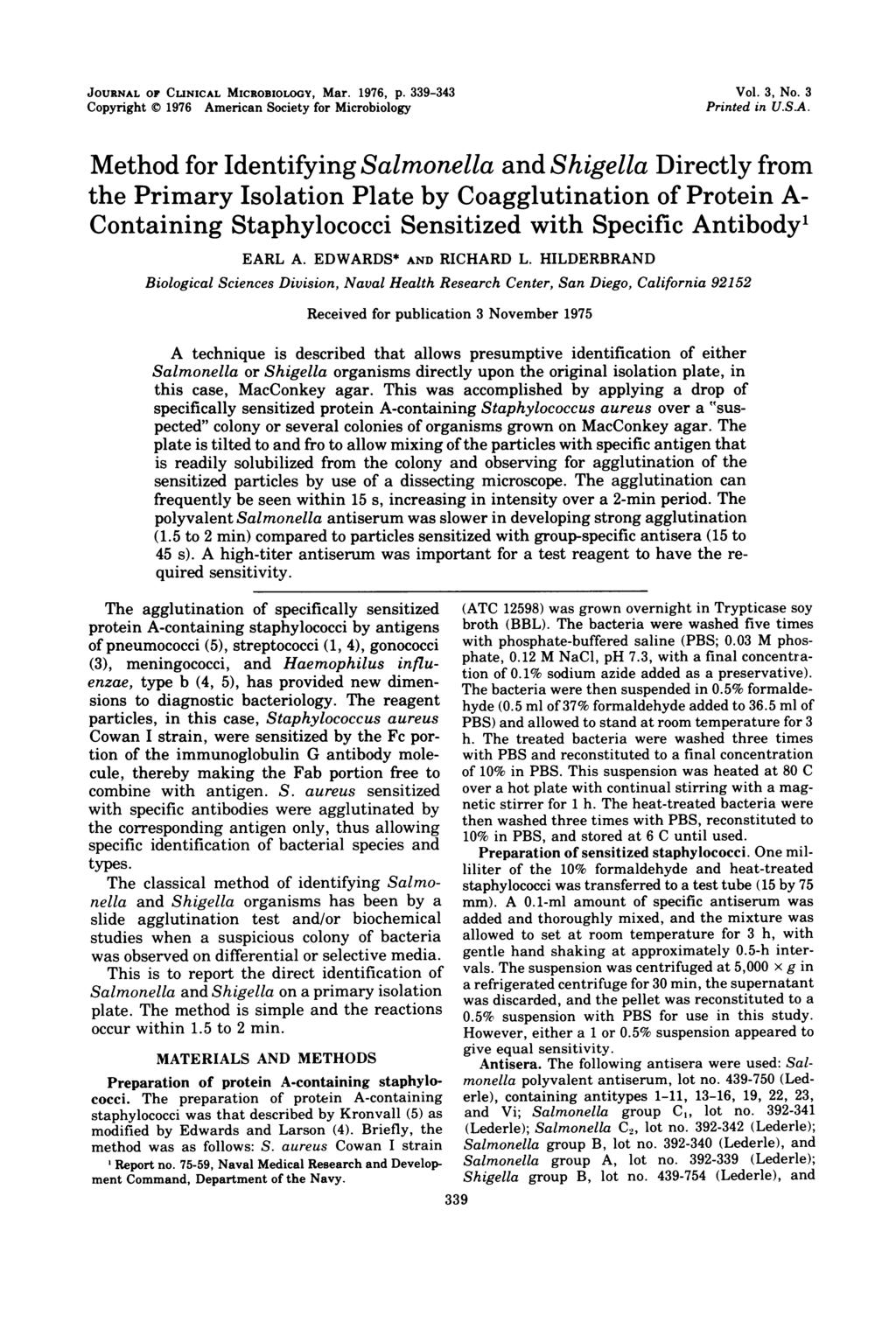 JOURNAL OF CLINICAL MICROBIOLOGY, Mar. 1976, p. 339-343 Copyright 1976 American Society for Microbiology Vol. 3, No. 3 Printed in U-SA.