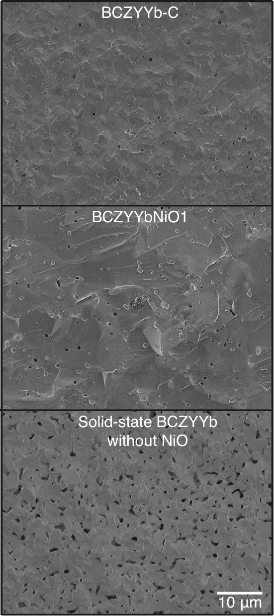 Fig. S5 Secondary electron images of fractured cross- sections of BCZYYb- C (sintered at 1450 C for 24 h), BCZYYbNiO1 (before