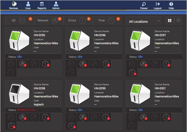 Device Manager provides a dashboard for viewing the status of all connected TEG 6s analyzers in the institution, including operation, calibration, status, logs, firmware and cartridge configuration