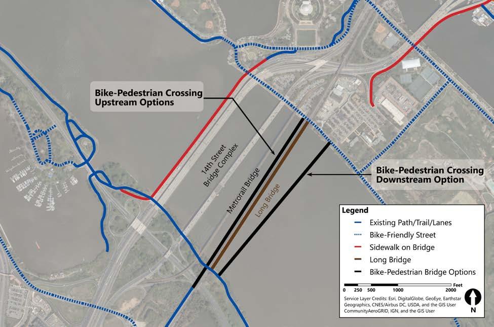 The four bike-pedestrian crossing options are illustrated in Figure 6-1 and summarized as follows: Option 1 attached to the upstream side of the new upstream railroad bridge: Option 1 would attach