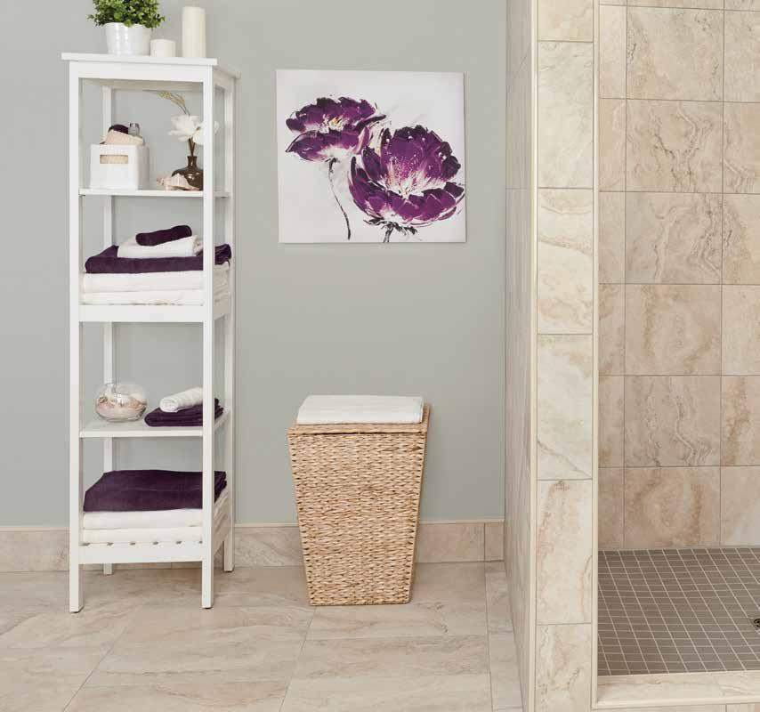 In this traditional, neutral bathroom, tiles from