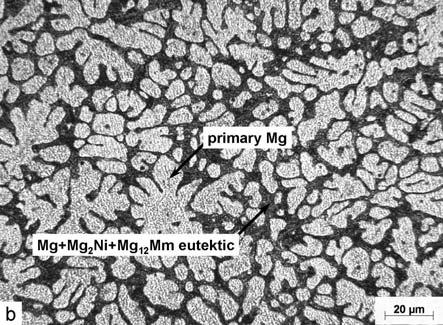 Results of XRD analysis and EDS chemical microanalysis showed that eutectic structure is composed of Mg and Mg 12 Mm phases in the case of MgMm20 alloy (Fig. 1a).