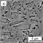 Fig. 7: SEM micrographs of the PM alloys: a) Al-12Fe; c) Al-7Fe-5Ni; b) and d) after annealing at 400 C for 100 hours. 3.