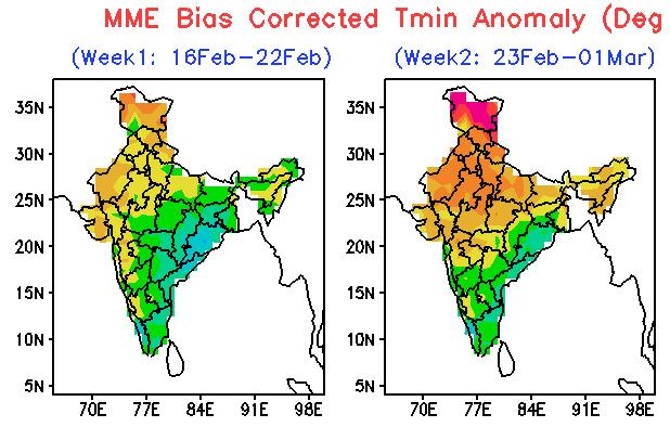 2018): Maximum Temperature is likely to be above normal over most of India (Transition to warming period is evident). Tmin (Minimum Temperature) Week 1 (16.02.