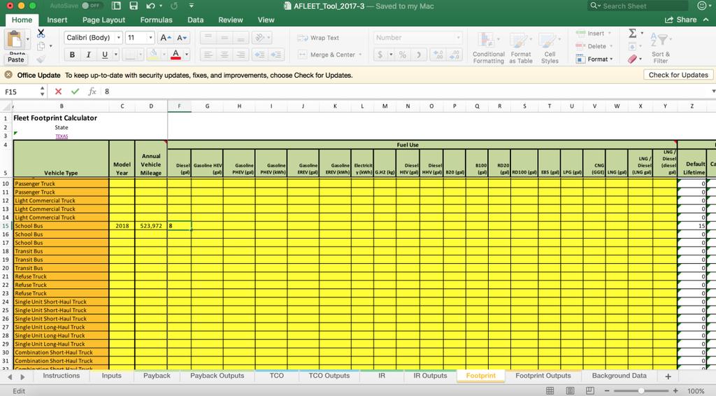 within the excel sheet. These are: Simple Payback Calculator, Total Cost of Ownership, Fleet Footprint Calculator, and Idle Reduction (IR) Calculator.