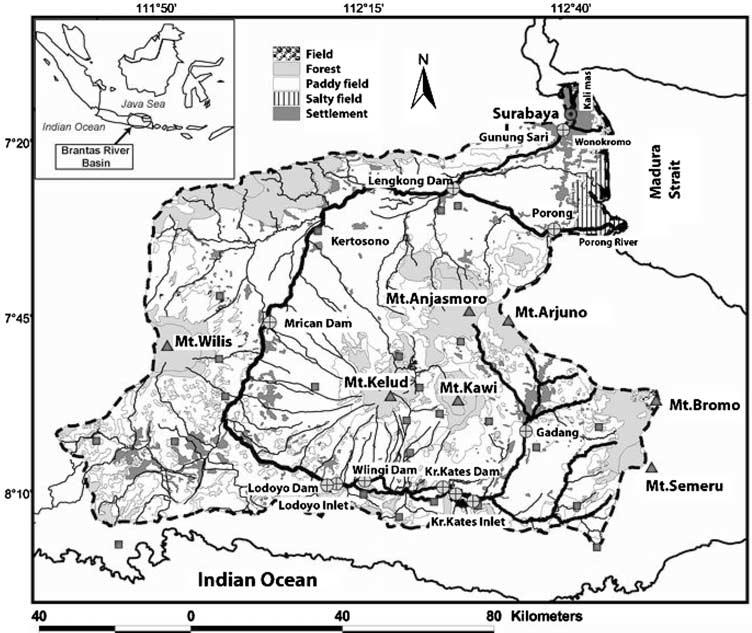 Figure 1. The Brantas River basin in East Java, Indonesia. Rain gauge stations (squares), as well as discharge and carbon sampling stations (crossed circles) are marked.