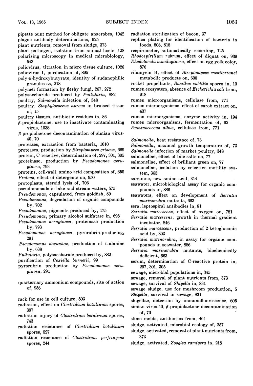 VOL. 13, 1965 SUBJECT INDEX 1053 pipette ount method for obligate anaerobes, 1042 plague antibody determinations, 925 plant nutrients, removal from sludge, 373 plant pathogen, isolation from animal