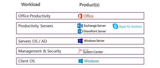 Figure 1: The Microsoft "stack" includes several major workloads. Each workload has one or more product families (for example, Microsoft Office and Microsoft Exchange Server).